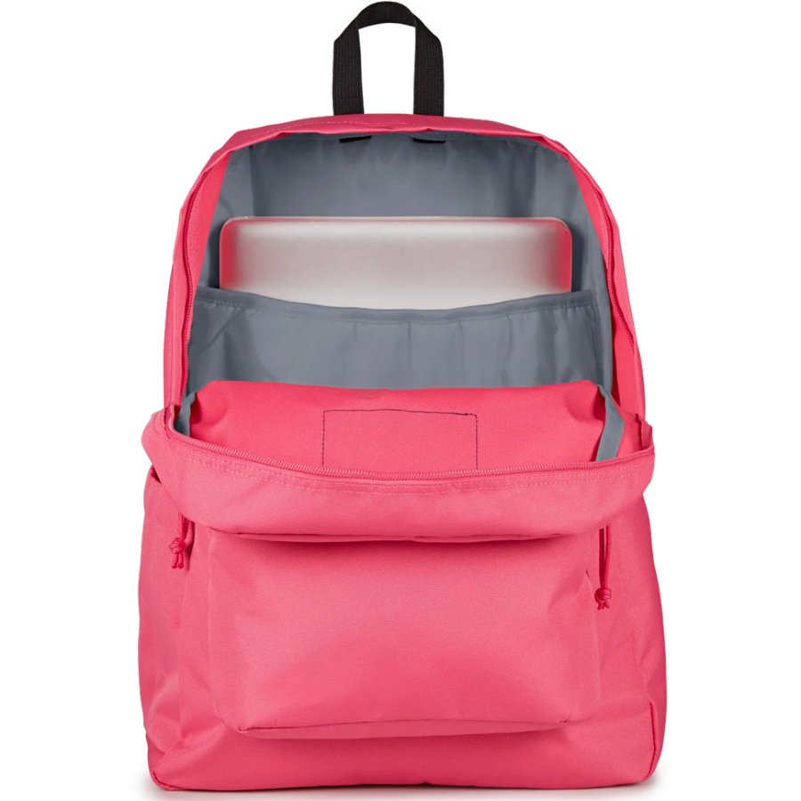 Pink Jansport backpack with gray interior showing a laptop inside on a white background