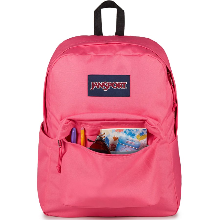 Pink backpack with a visible Jansport logo on a white background