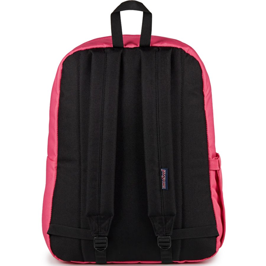 Black and pink Jansport backpack on a white background