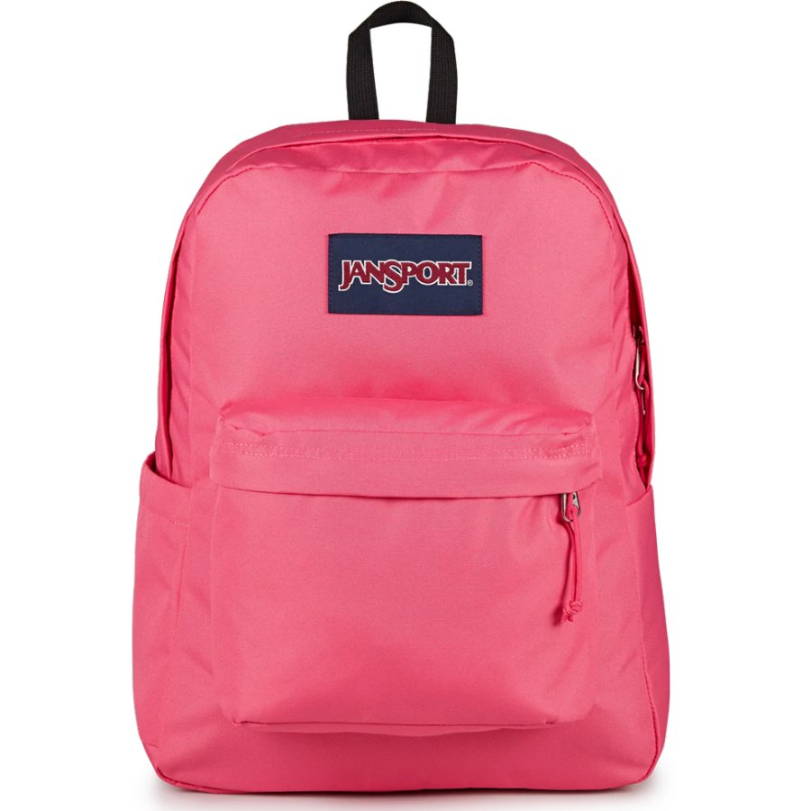 Pink backpack with a Jansport logo on a white background