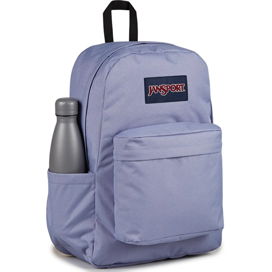 Purple Jansport backpack with a water bottle in front pocket on a white background