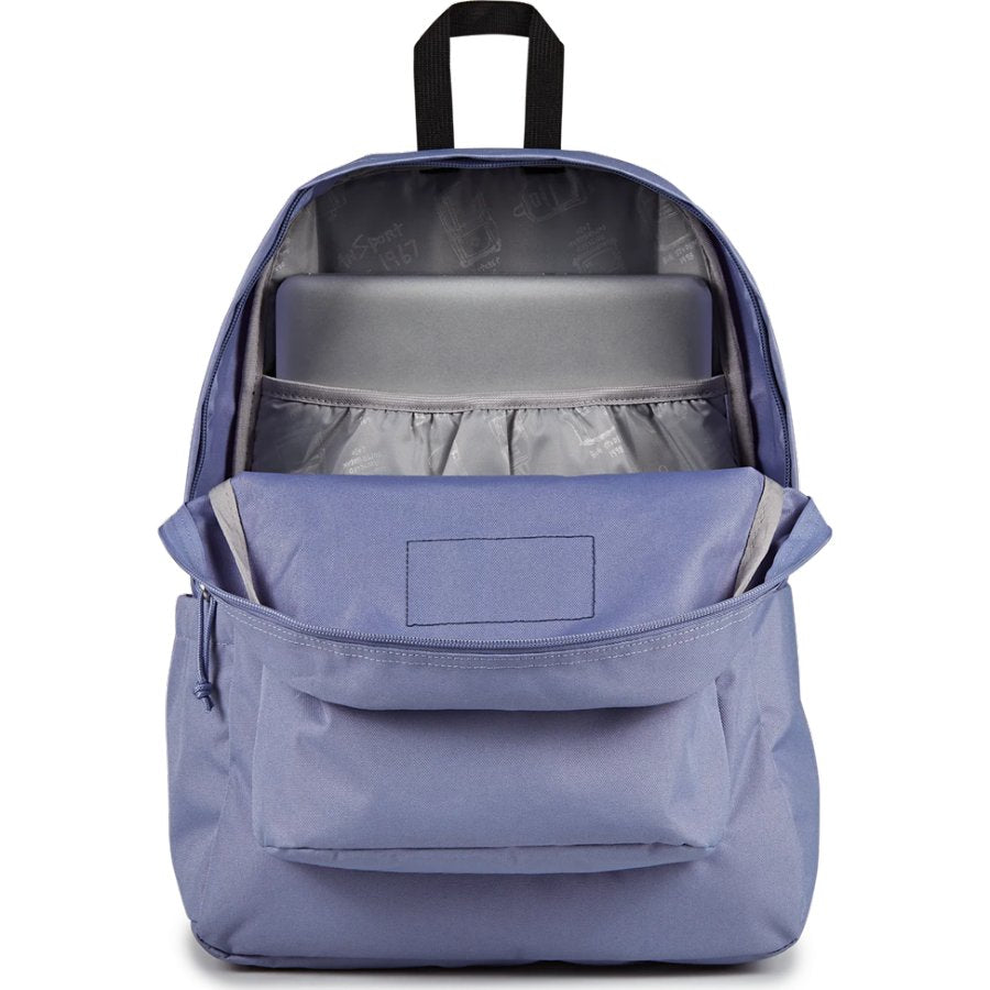Purple Jansport backpack with open front pocket on a white background