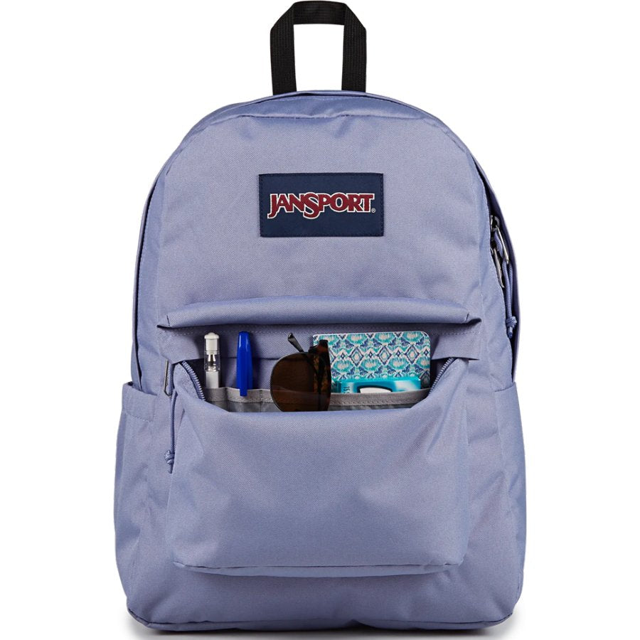 Purple backpack with Jansport logo on a white background