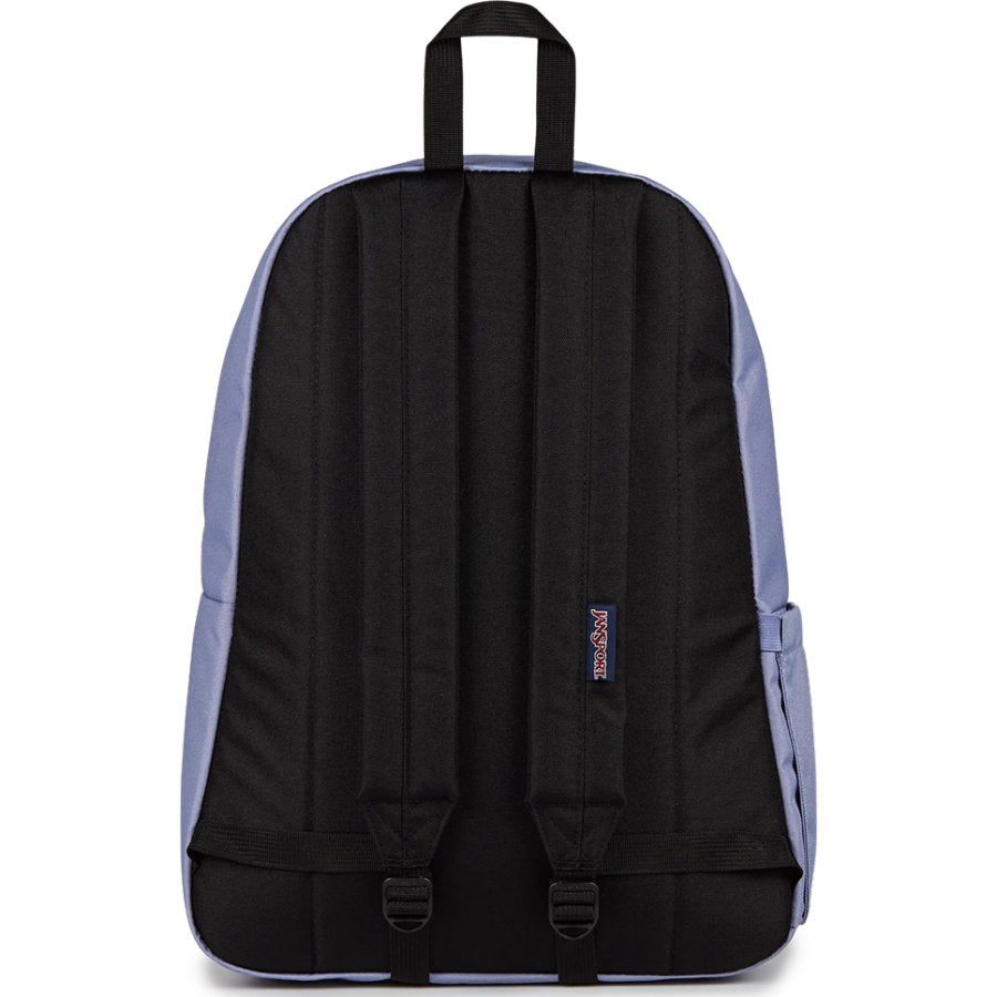 Black and light purple Jansport backpack with a visible brand logo on a white background