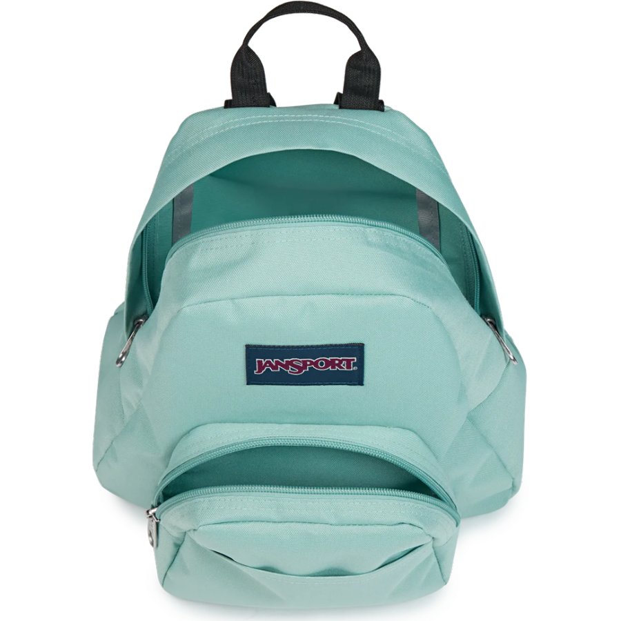 Light blue backpack with a visible JanSport logo on a white background