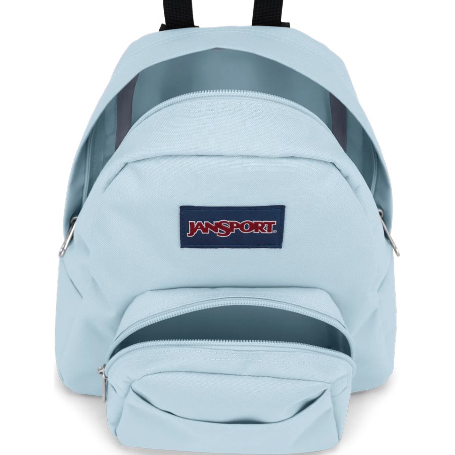 Light blue backpack with a Jansport logo on a white background
