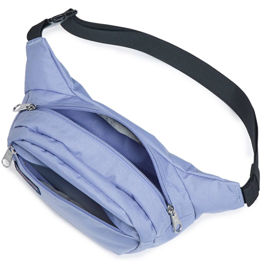 Purple waist bag with a black strap on a white background