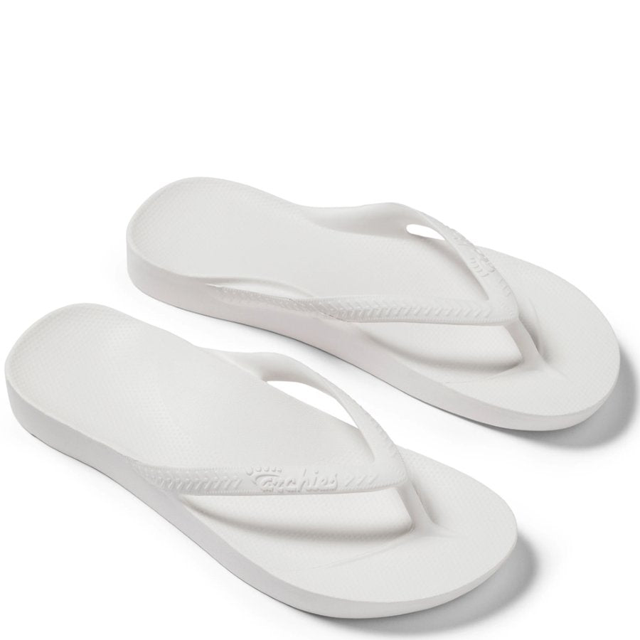 White flip-flops with a brand logo on a white background