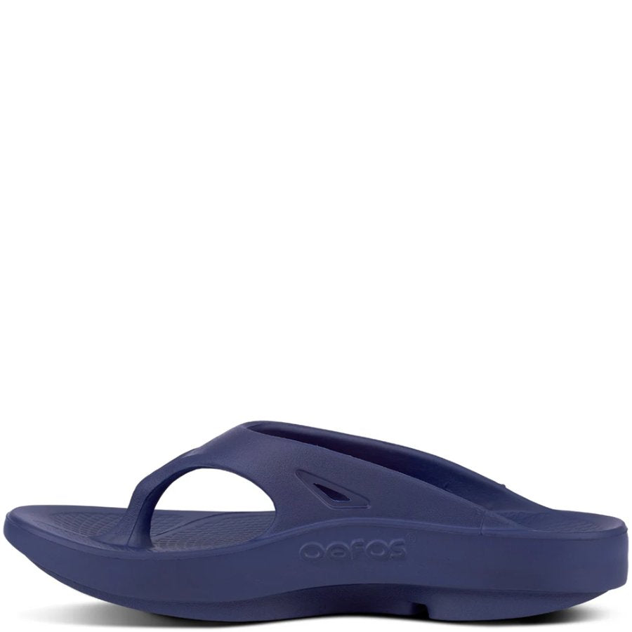 Blue sandal with 'Oofos' branding on a white background