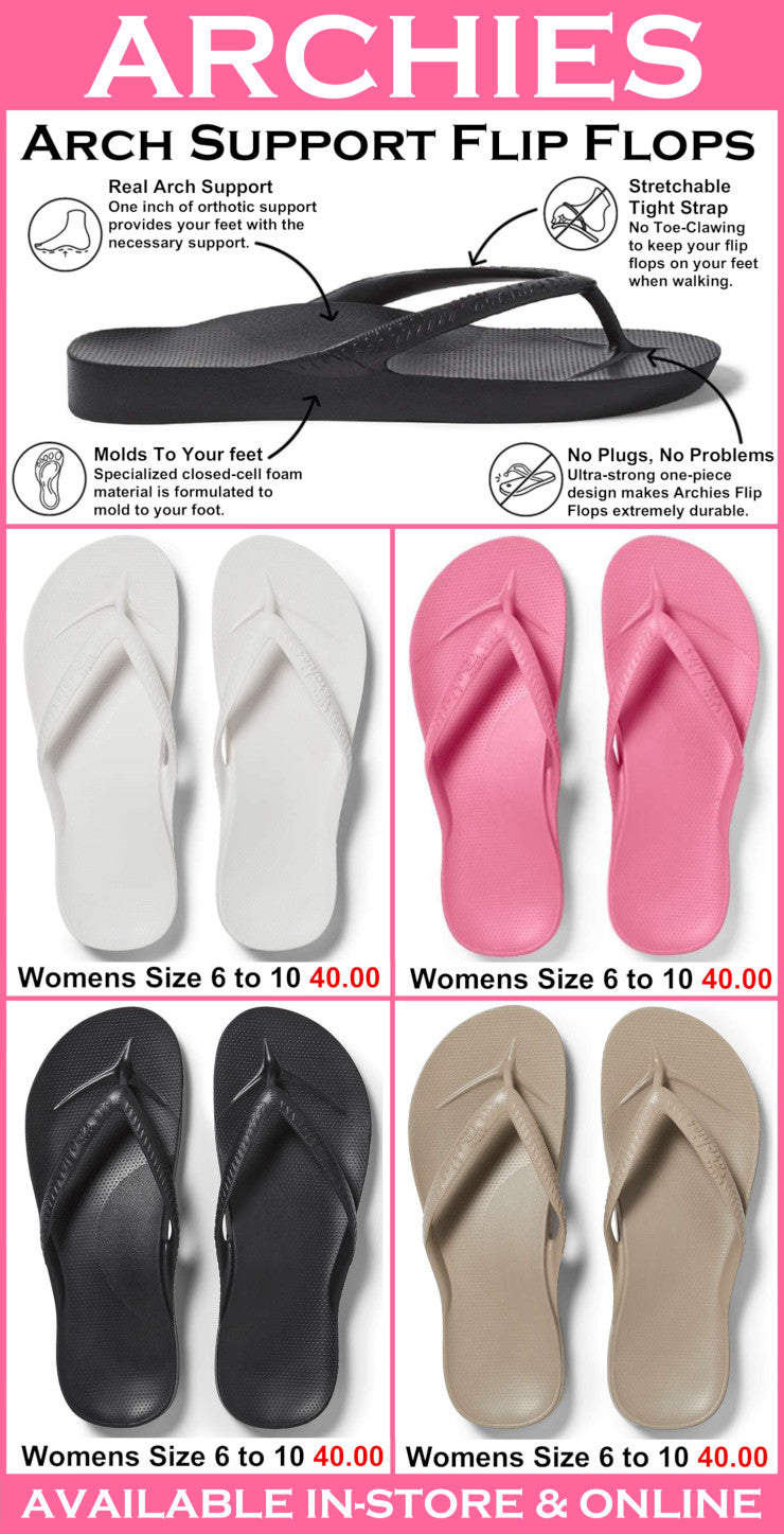 Archies arch support flip flops with color options and pricing on a pink background