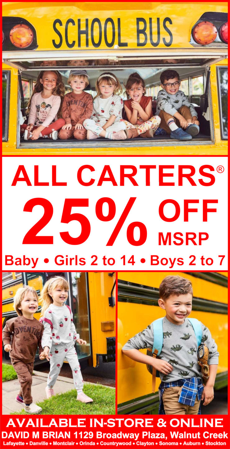 Advertisement for Carters clothing sale with children in a school bus and promotional text.