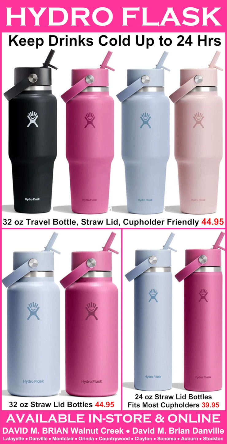 Hydro Flask water bottles in various colors with promotional text.