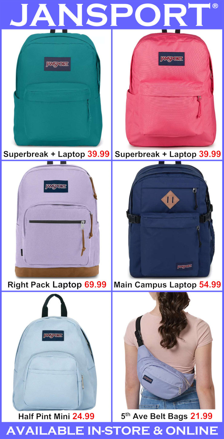 Promotional image of Jansport backpacks with prices displayed.