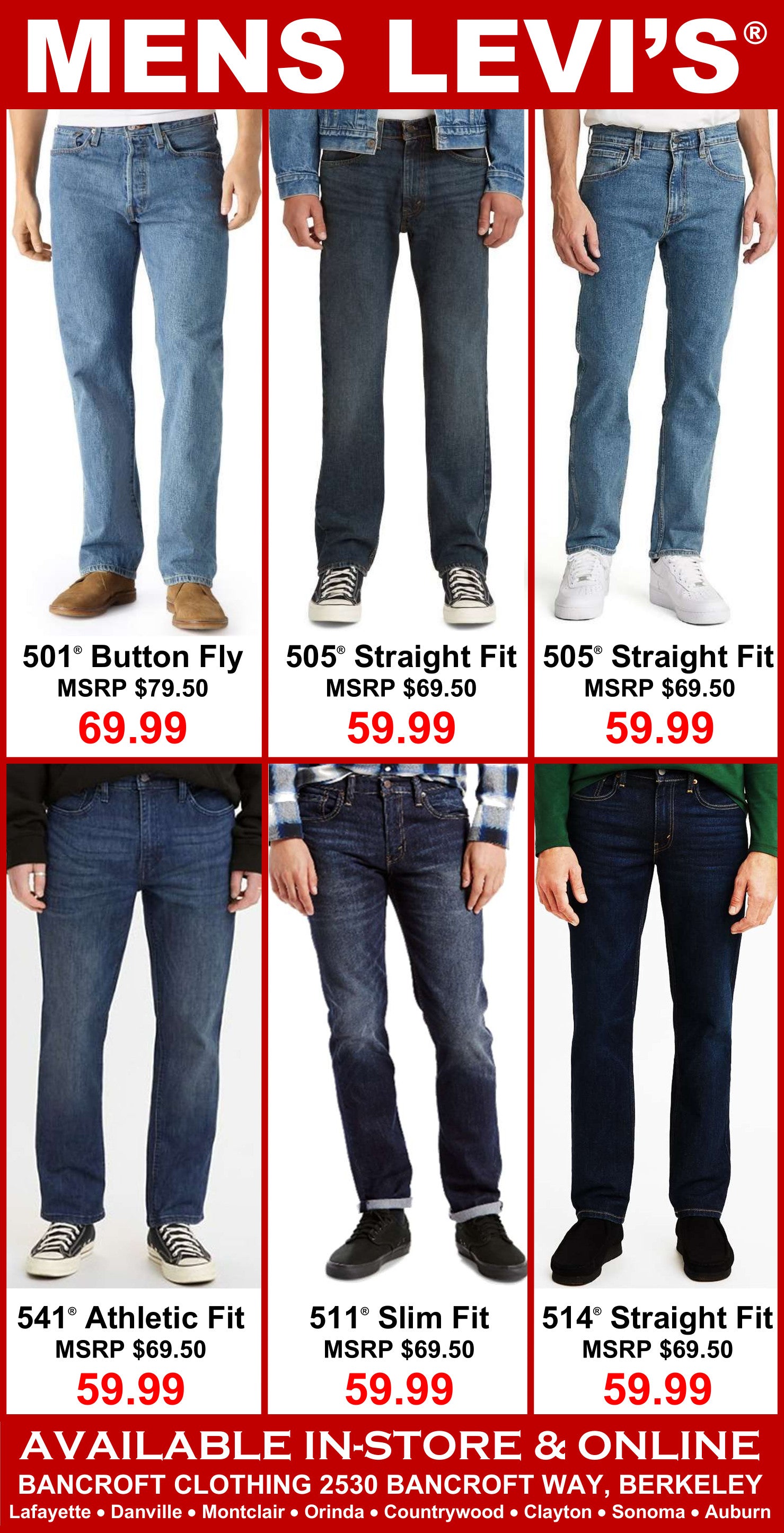 Levi's men's jeans with pricing and availability information.