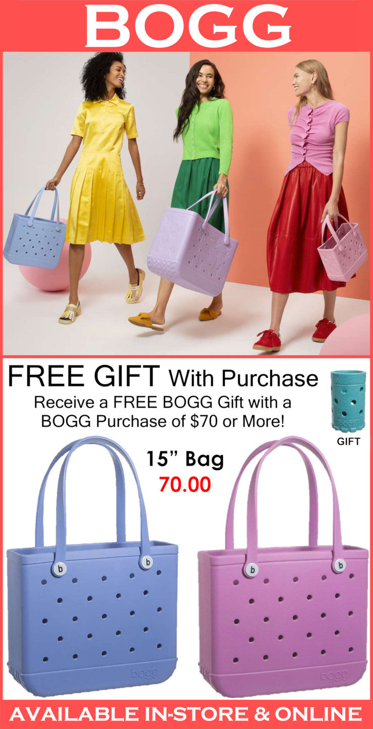 Advertisement for BOGG bags with models holding the bags and promotional text.