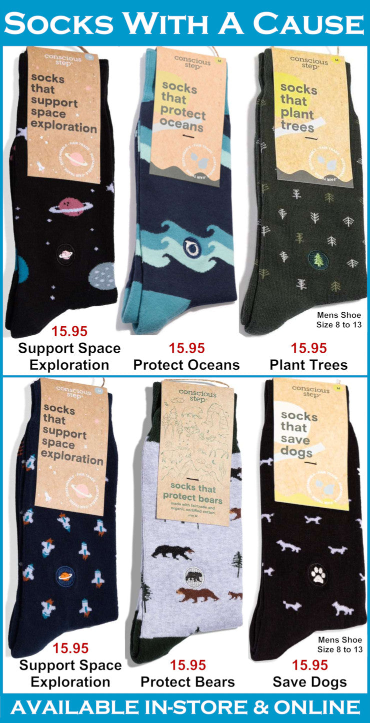 Collection of socks with various designs and messages displayed on a white background.