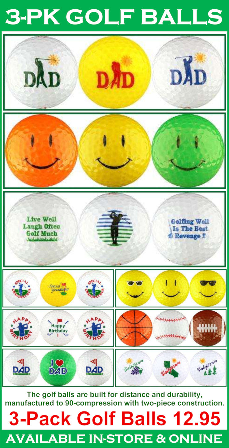Assorted golf balls with various designs and text on a green background