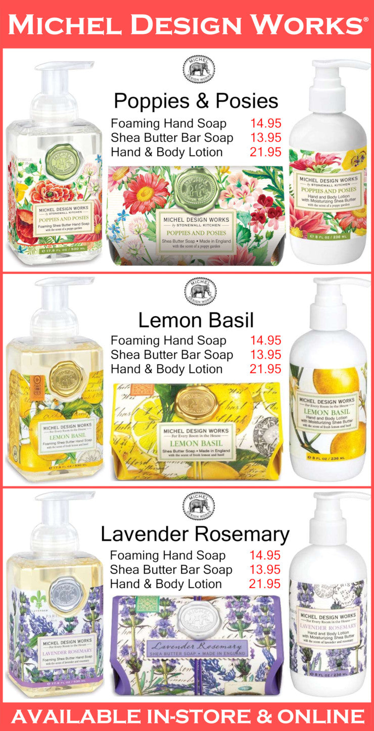 Michel Design Works product lineup with Poppies & Posies, Lemon Basil, and Lavender Rosemary scents.