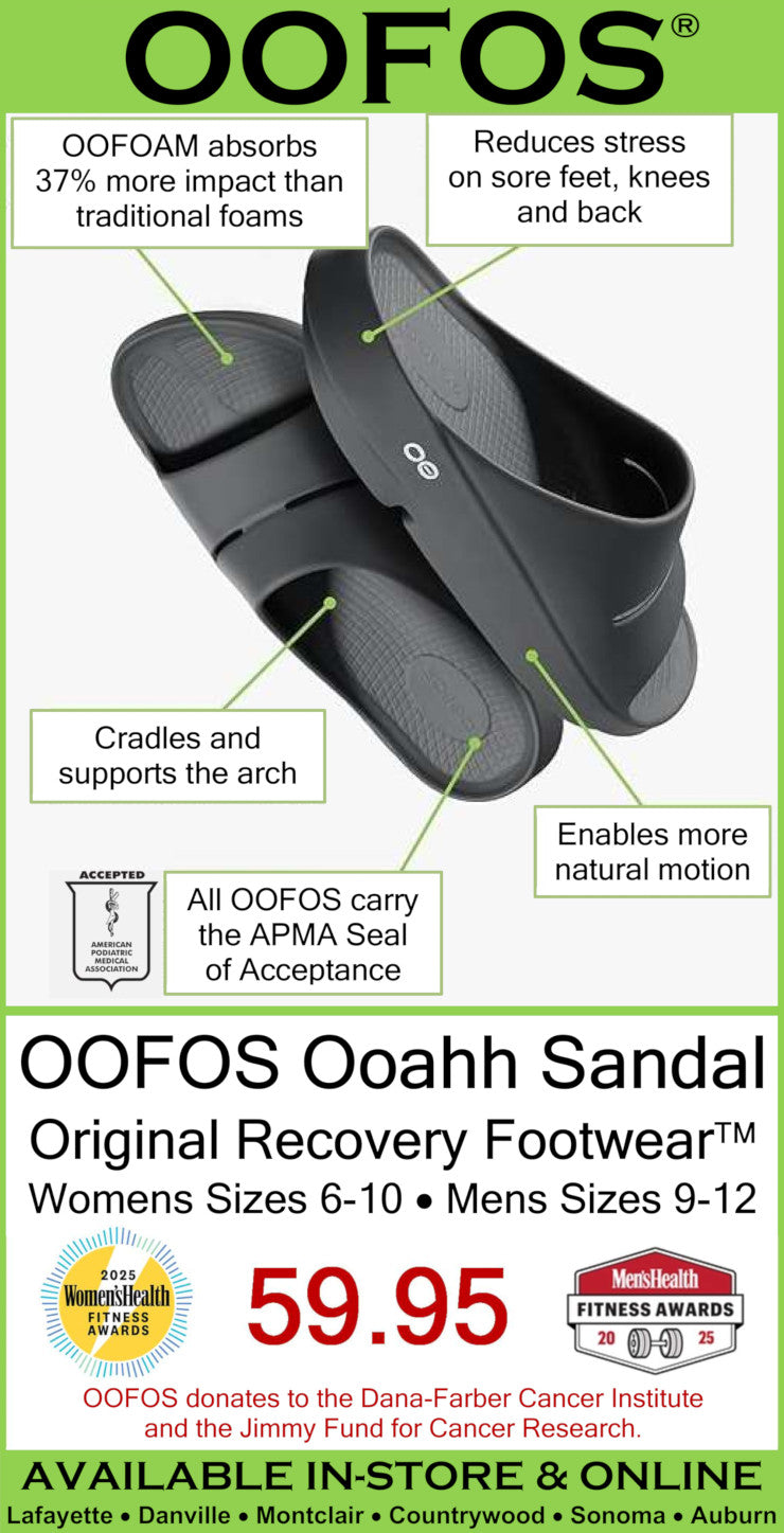Advertisement for OOFOS Ooahh Sandals with product details and pricing.
