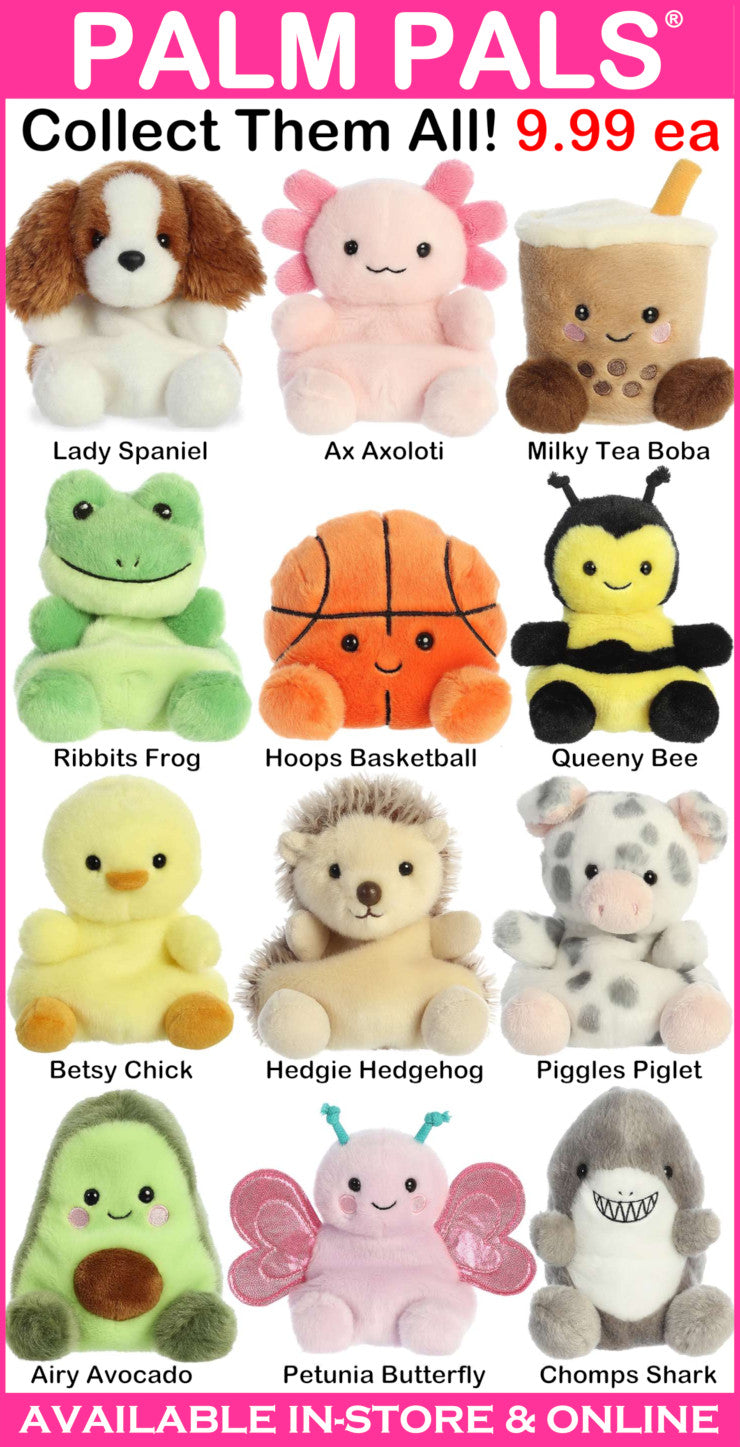 Collection of small plush toys with pricing and availability text on a pink background