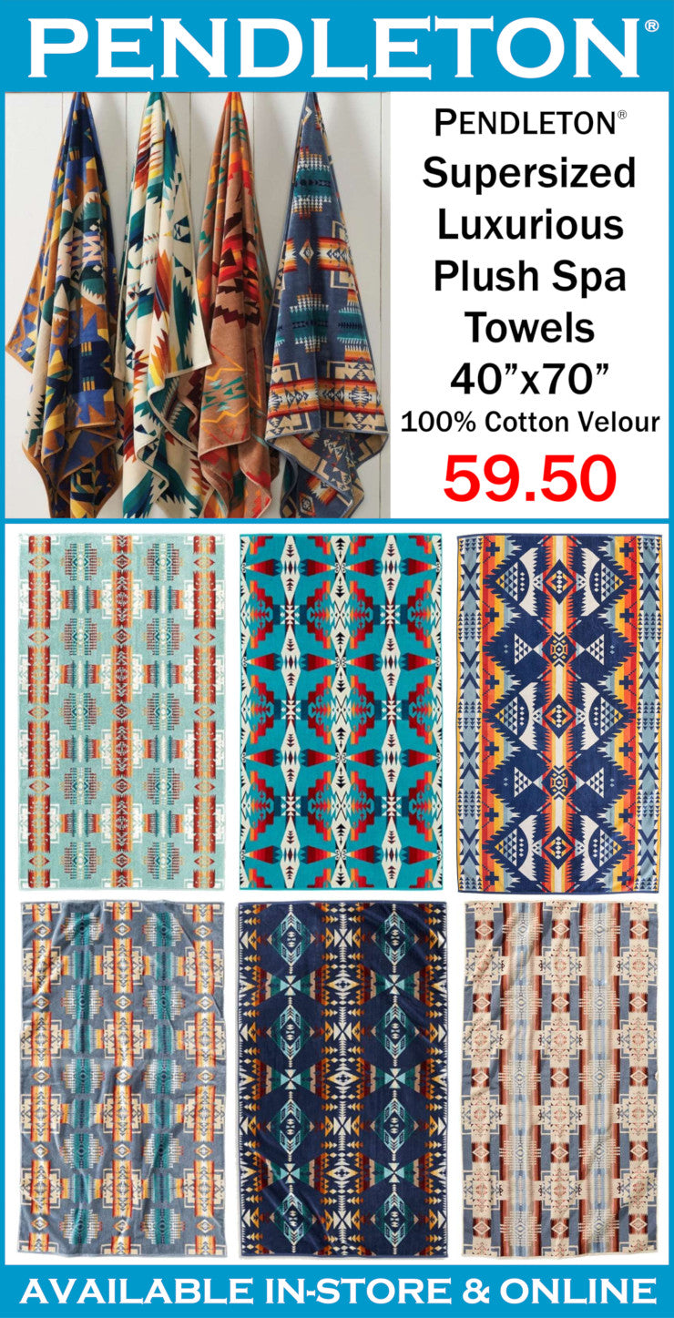 Pendleton towels with patterns and pricing information on a blue background