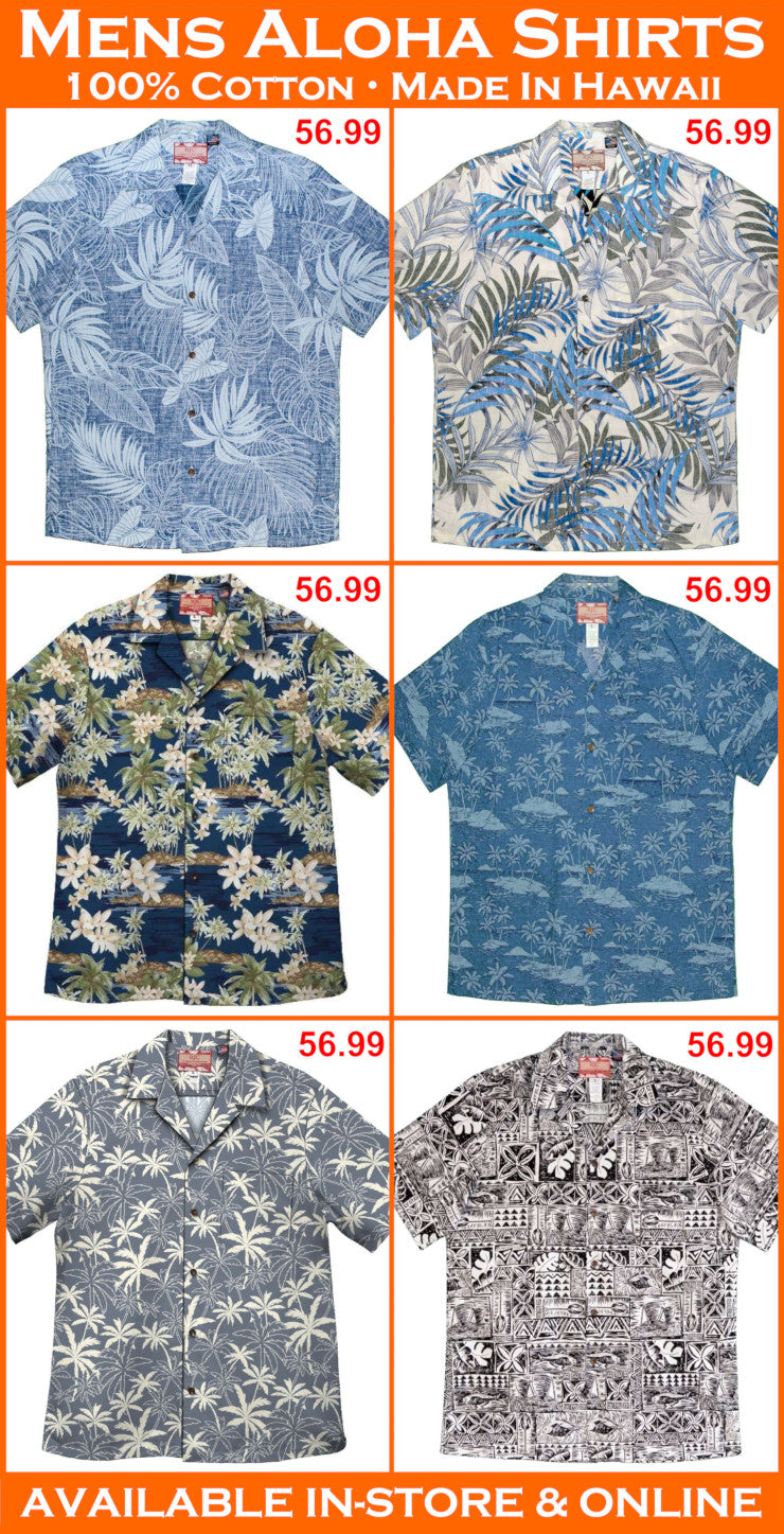 Mens Aloha Shirts with prices displayed on an orange background