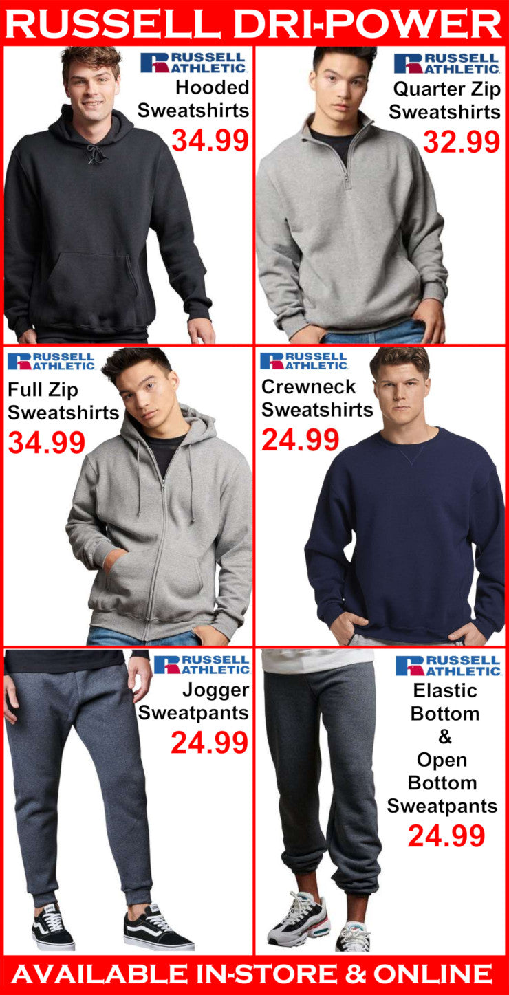 Promotional display of Russell Athletic sweatshirts and pants with pricing on a red background.