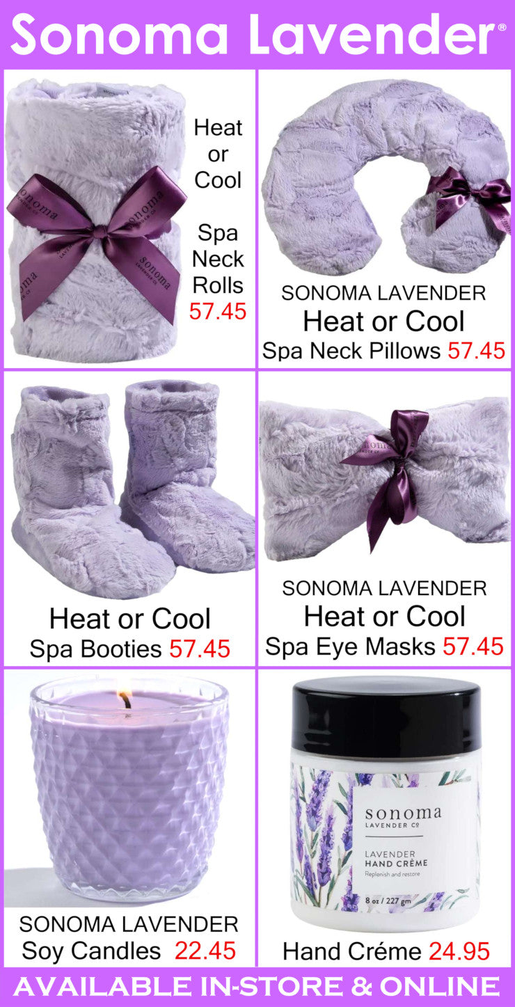 Collection of Sonoma Lavender products including neck rolls, pillows, booties, eye masks, candles, and hand cream.