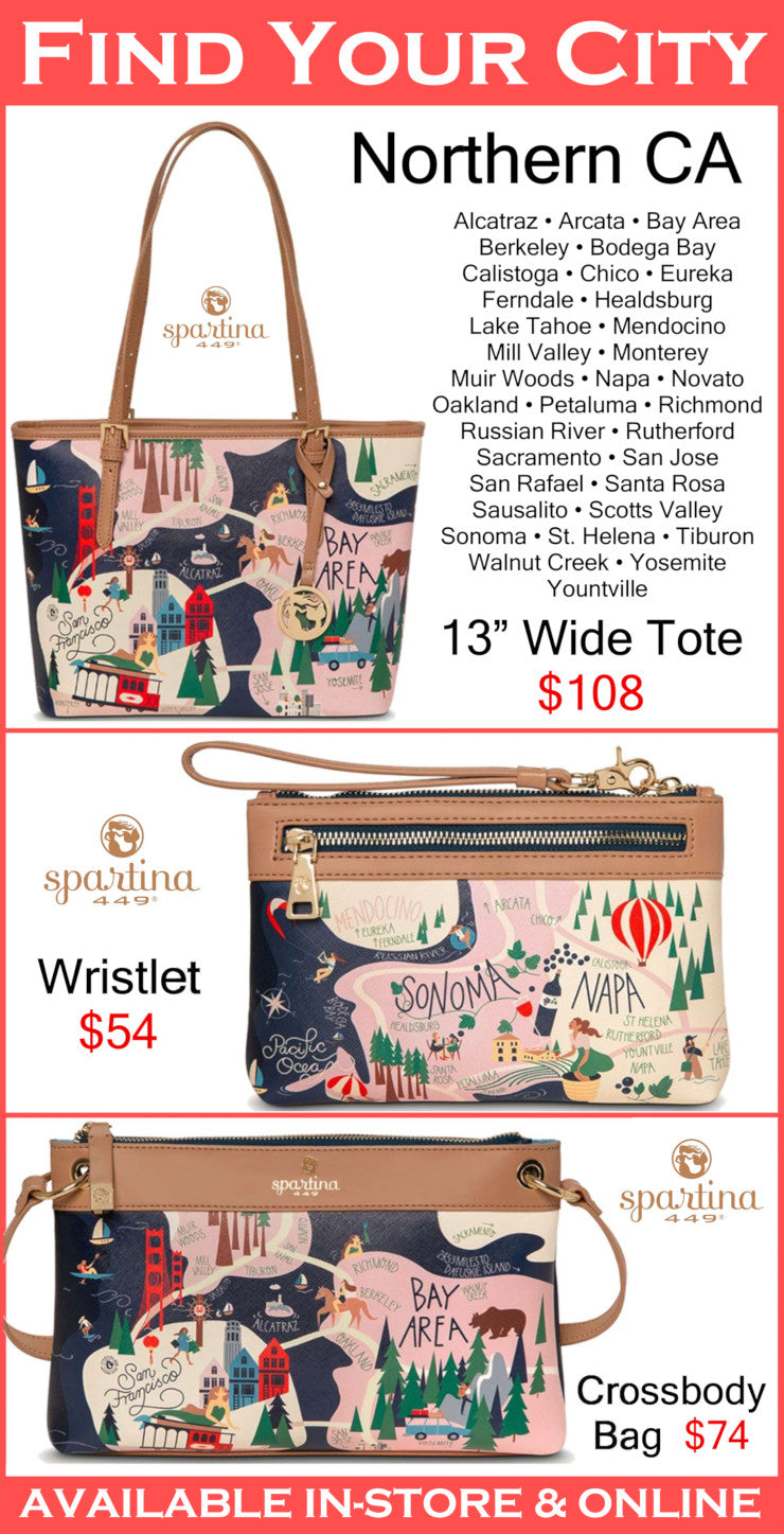Spartina handbags with city-themed designs and pricing on a red background.