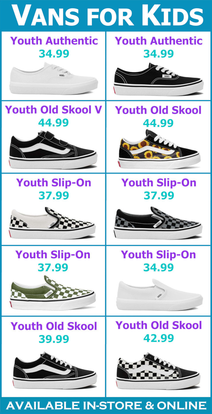 Comparison chart of various Vans shoes for kids with prices on a blue background.