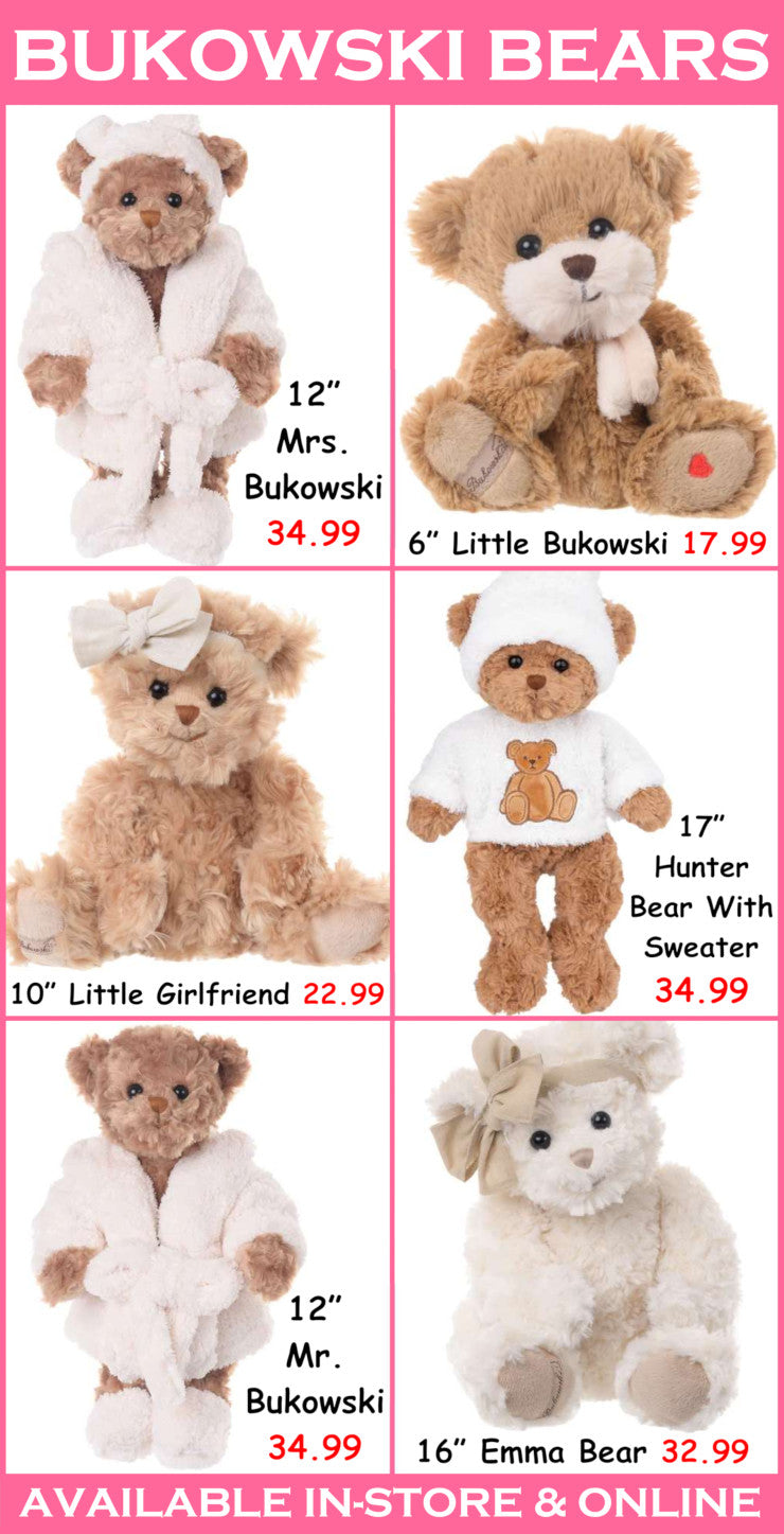 Promotional image of Bukowski teddy bears with prices on a pink background