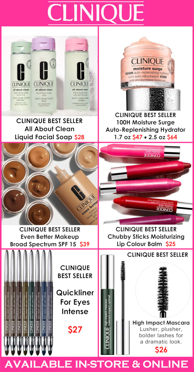 Clinique product display with various items and prices on a pink background