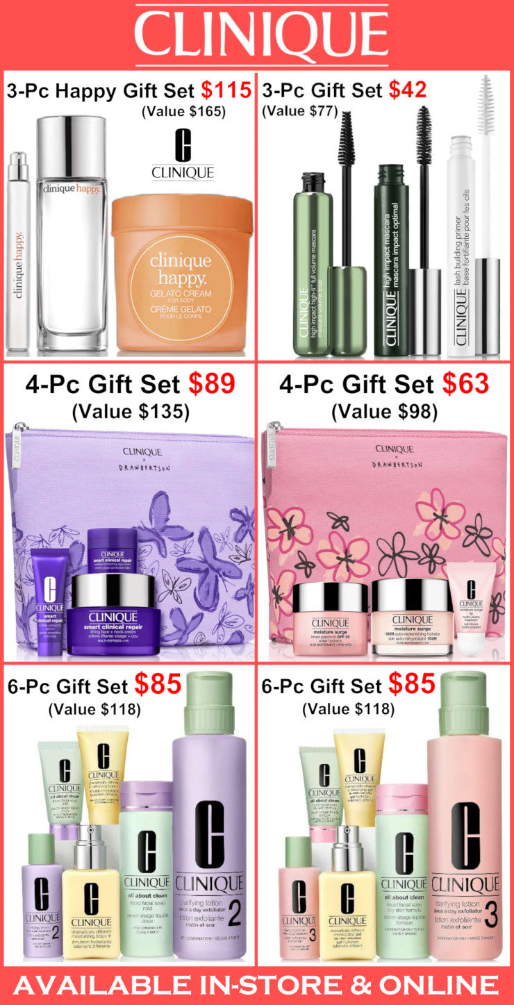 Clinique gift set collection with various product sets and pricing.