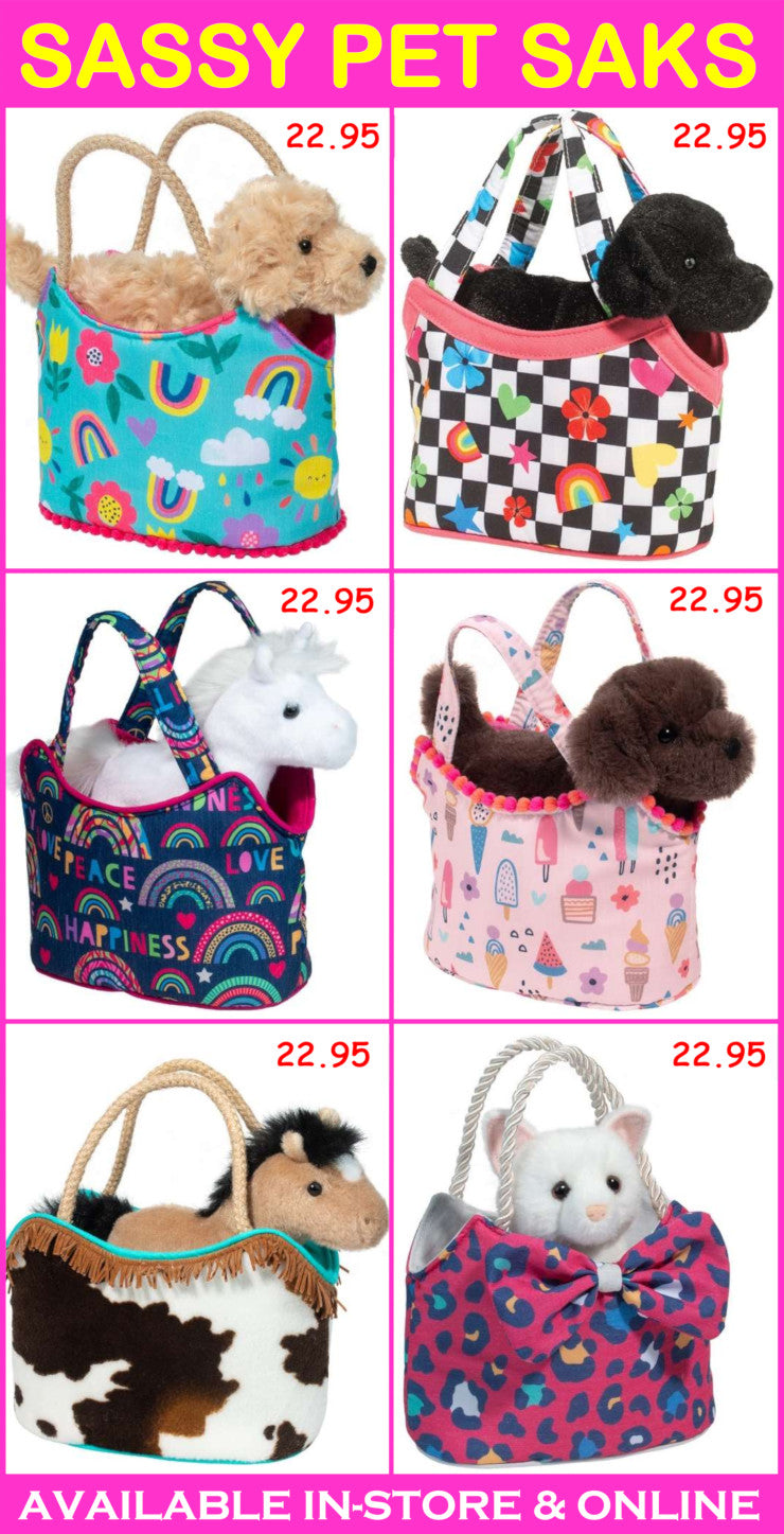 Collage of pet bags with various animals and colorful designs.