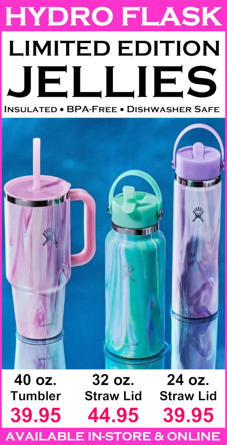 Hydro Flask limited edition jellies with product details on a blue and pink gradient background.