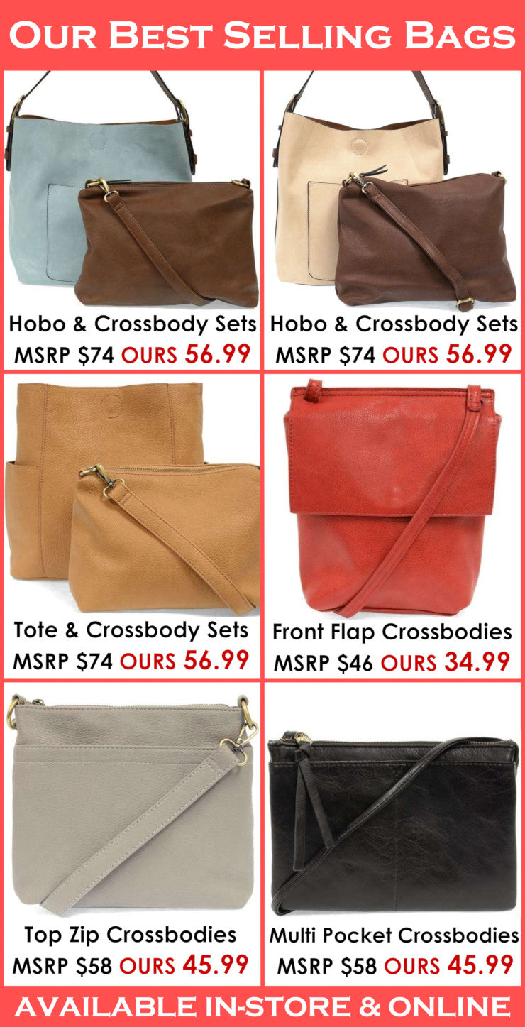 Promotional image of various crossbody bags with pricing and availability information.