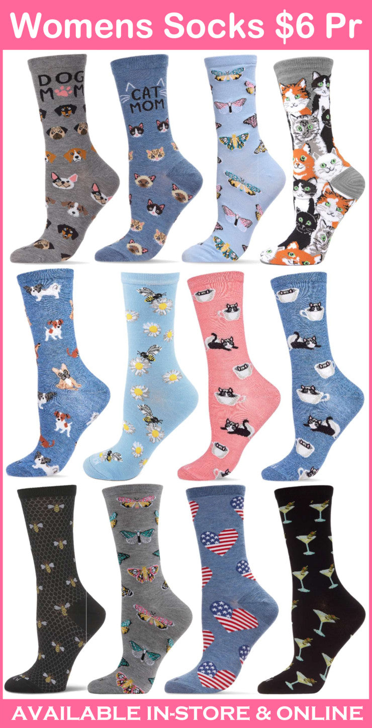 Assorted women's socks with animal patterns on a pink background