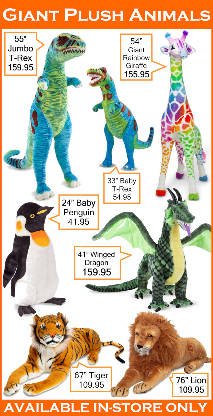 Promotional poster of giant plush animals with prices and sizes.