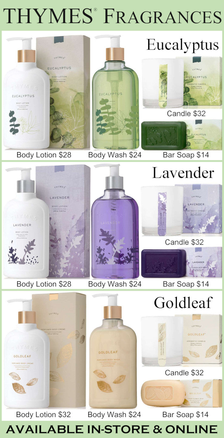Thymes fragrances including Eucalyptus, Lavender, and Goldleaf with product names and prices.