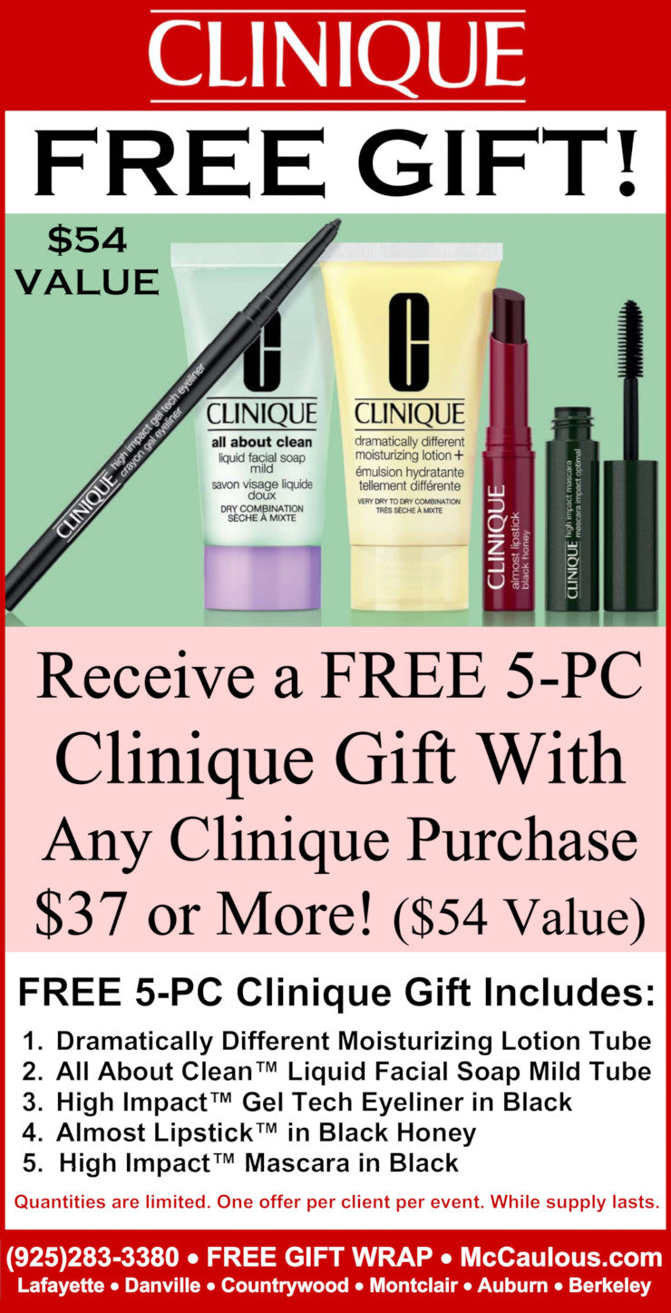 Clinique promotional flyer with free gift offer and product images.