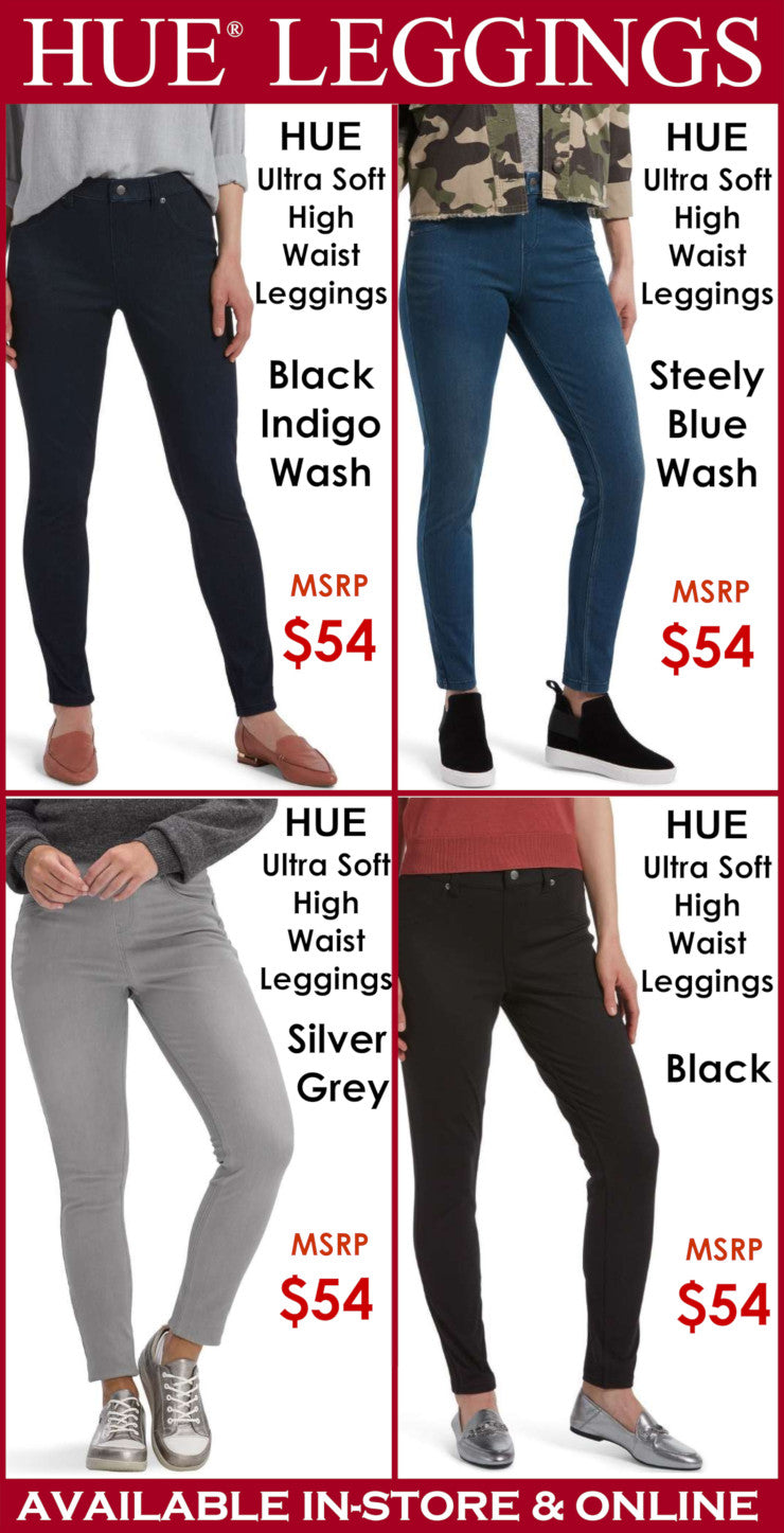 Promotional image of HUE leggings in various colors with pricing and availability information.