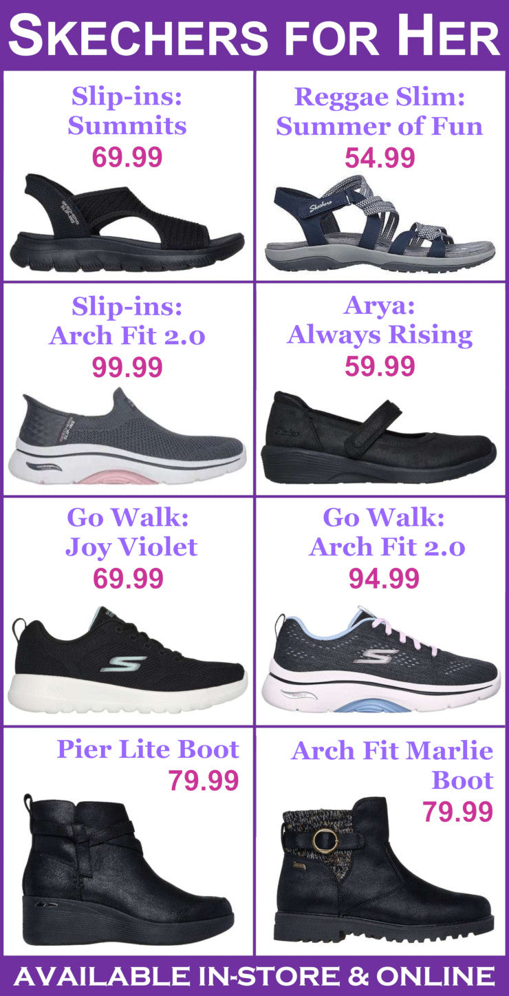 Promotional poster of Skechers shoes with product names and prices.