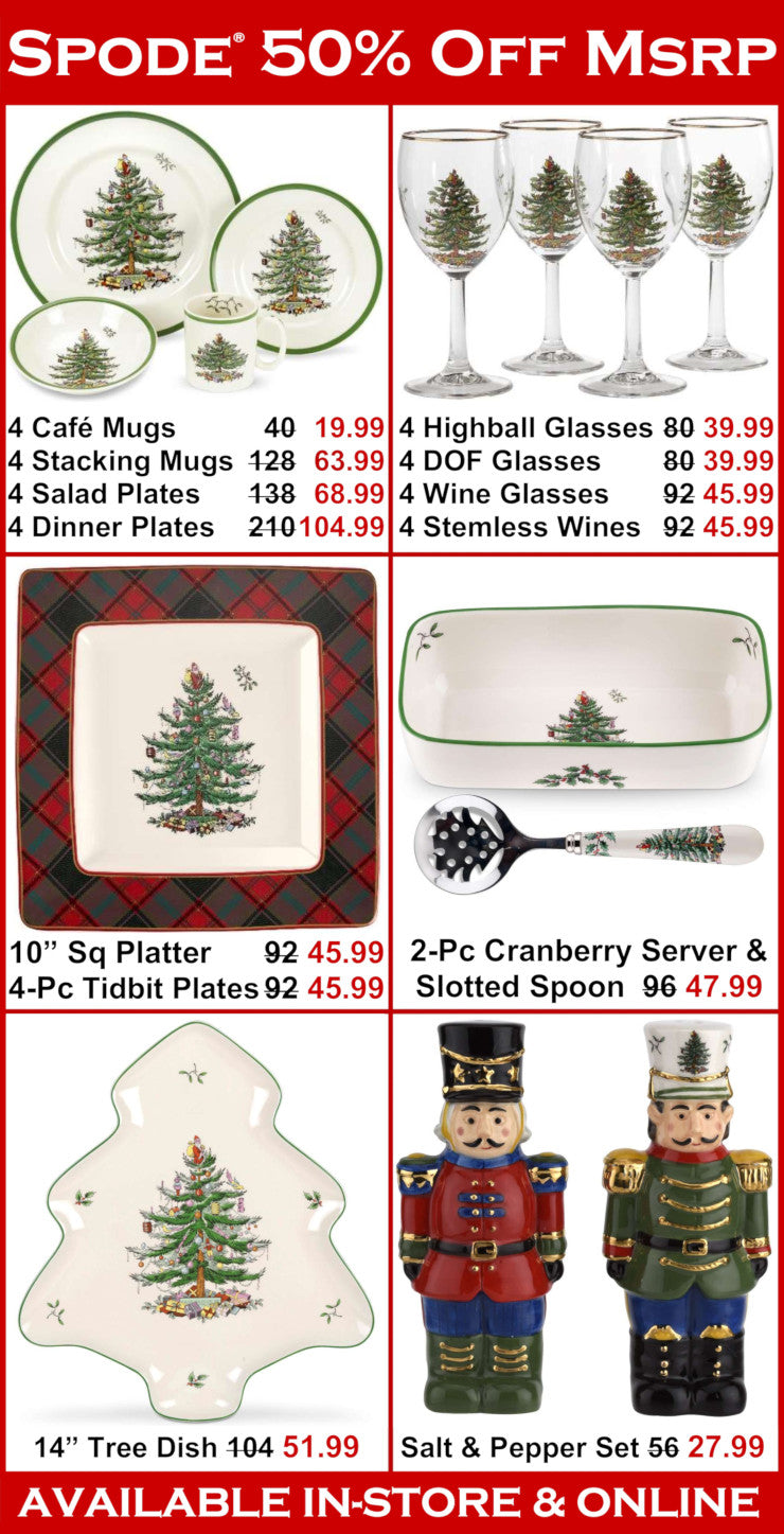 Spode product catalog with Christmas-themed items and promotional pricing.