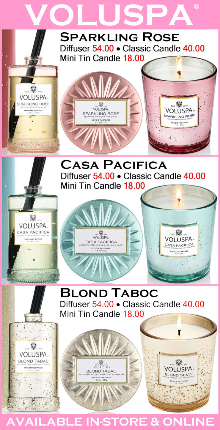 Promotional image of Voluspa candles and diffusers with pricing.