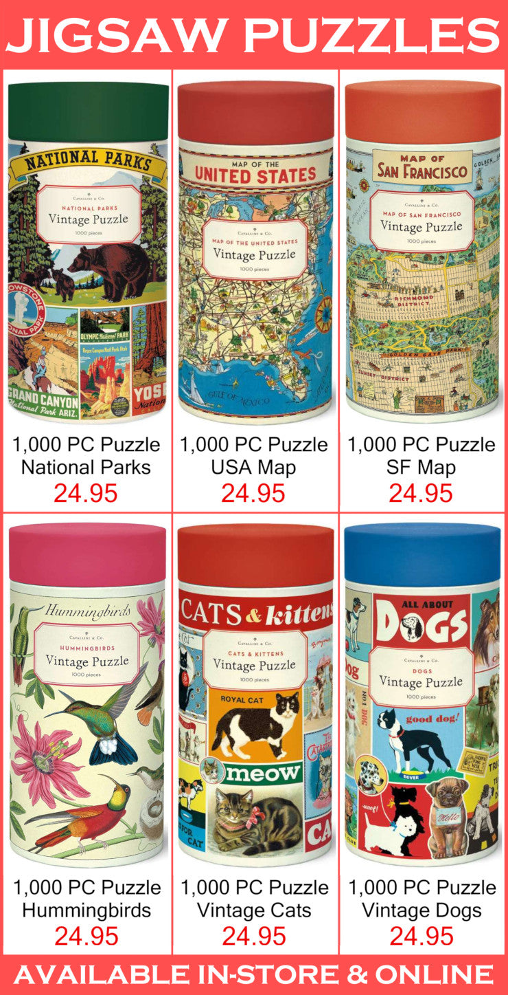 Collection of jigsaw puzzle boxes with various themes and prices on a red background.