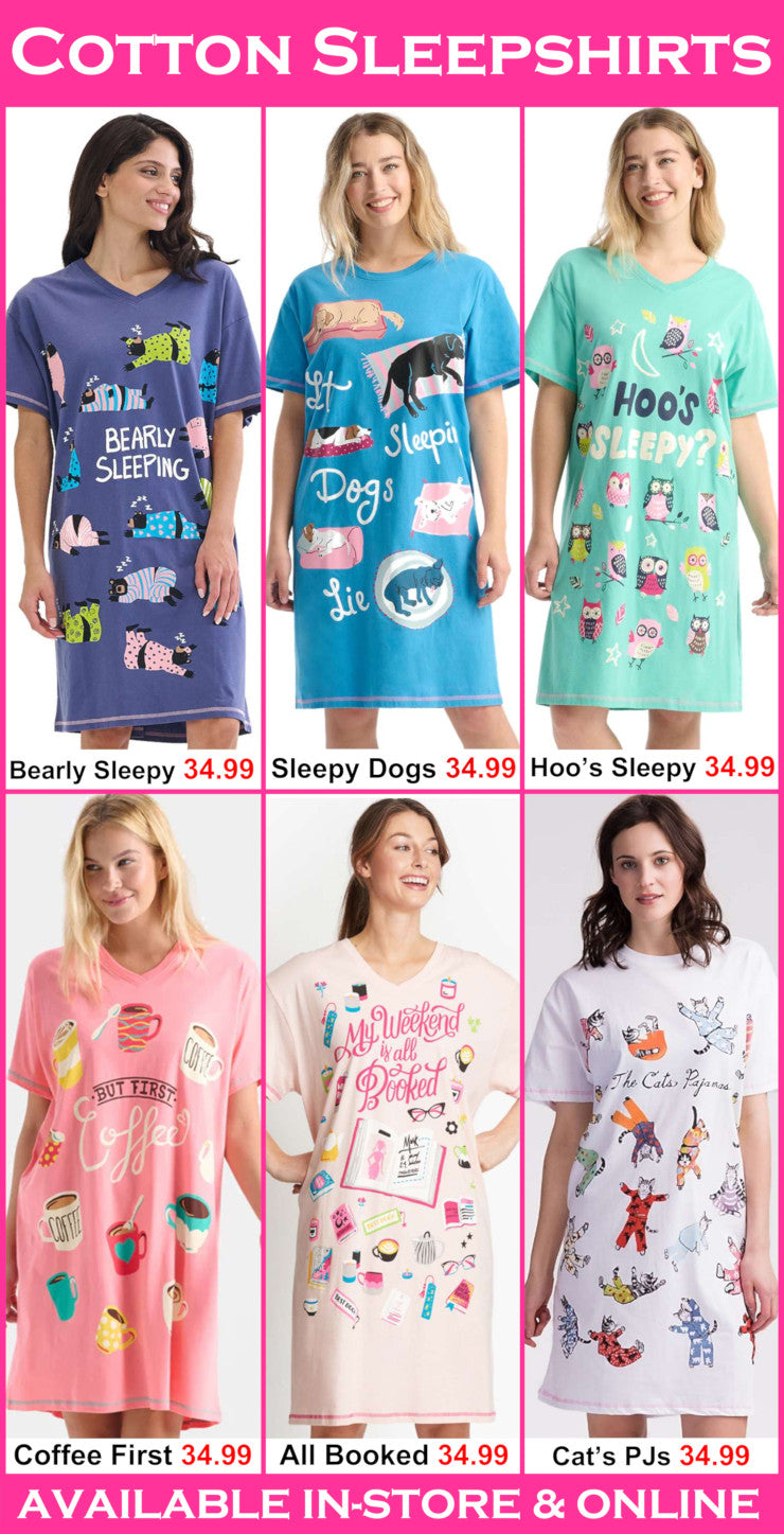 Cotton sleepshirts with various designs and prices displayed on a pink background.