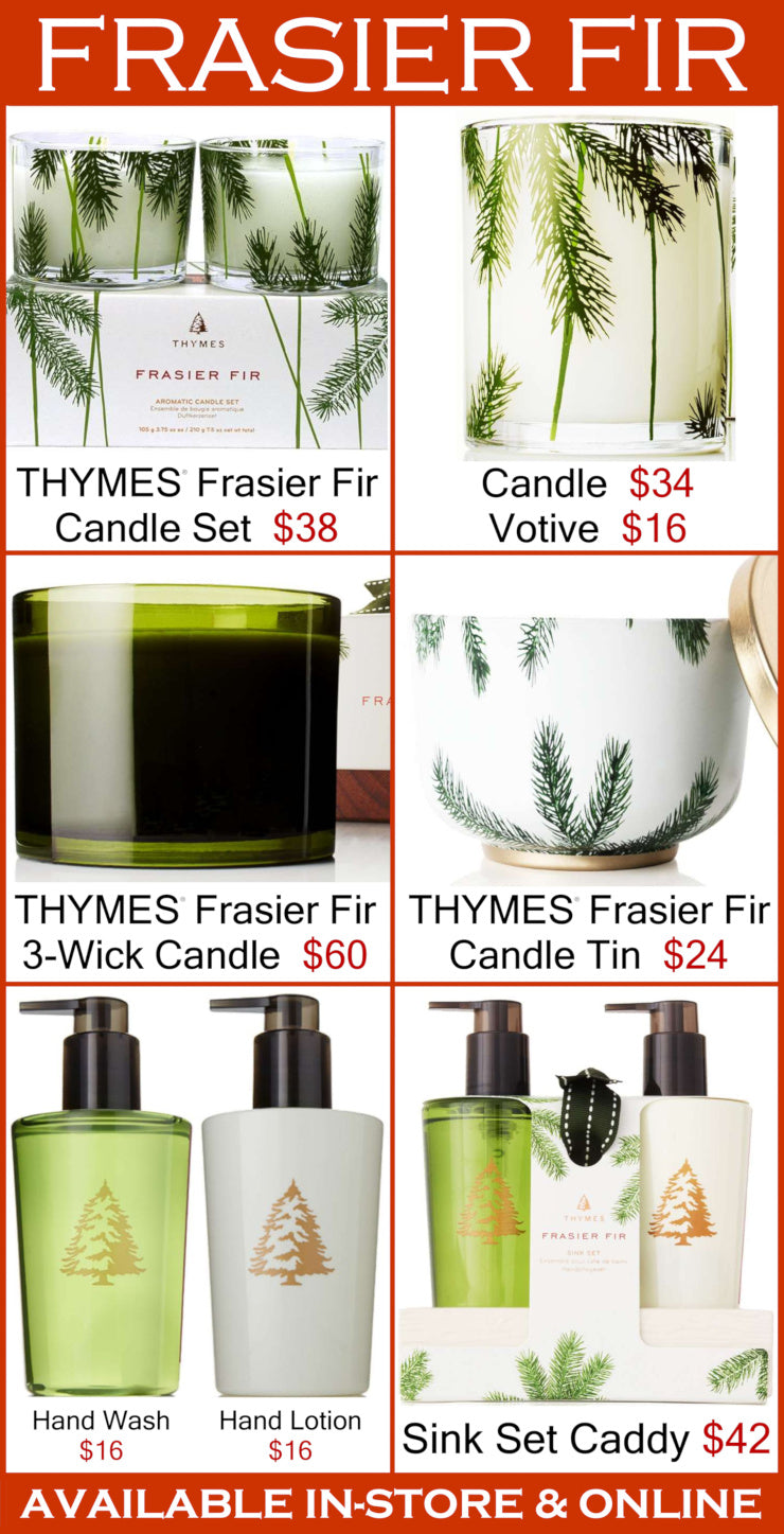 THYMES Frasier Fir candle set with various products and pricing on a white background.