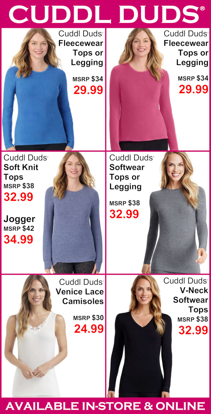 Cuddle Duds clothing items with prices on a pink background