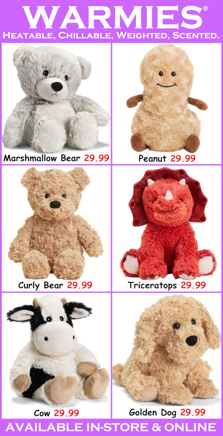Promotional image of Warmies plush toys with prices and product names.