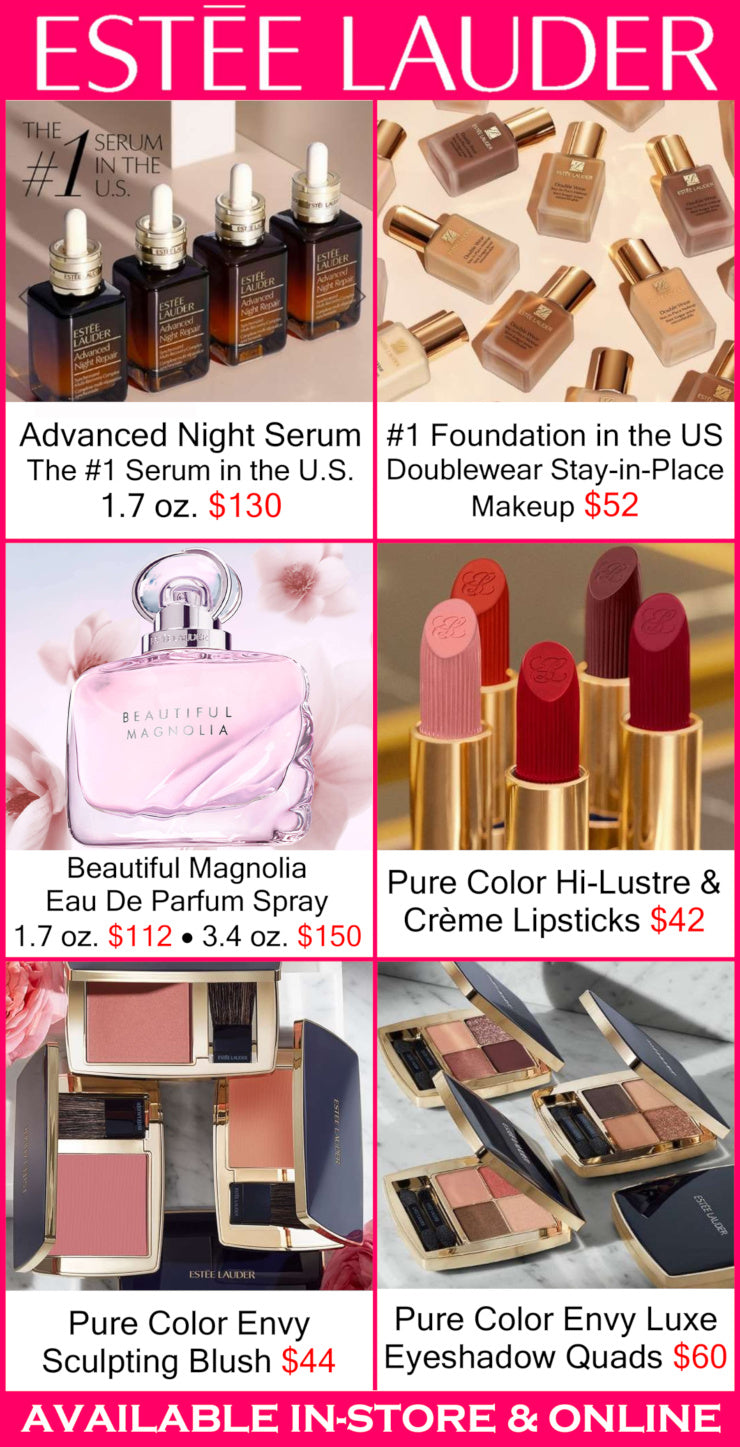 Estée Lauder product line including serums, foundation, perfume, lipsticks, and makeup products with pricing.